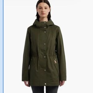 Hunter Rain Jacket Womens Large Olive Green Hooded Waterproof Cinch Waist Coat